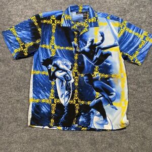 JET STRTWR Mens Surfer Graphic Button Up Shirt Blue Yellow Tribal Print Medium